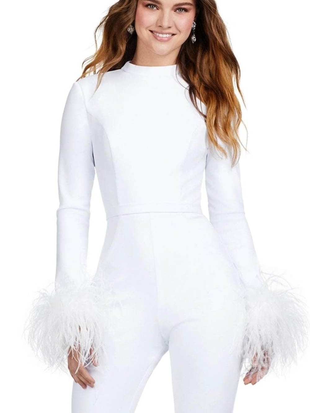 Ashley Lauren 11441 White Long Sleeve Jumpsuit with Feather Cuffs